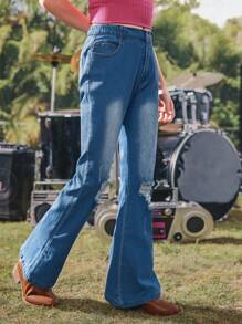 SHEIN Tween Girls Skinny Stretch Washed Ripped Flare Leg Jeans, Casual Minimalist Fashion Versatile Denim Pants - Medium Wash - View 5