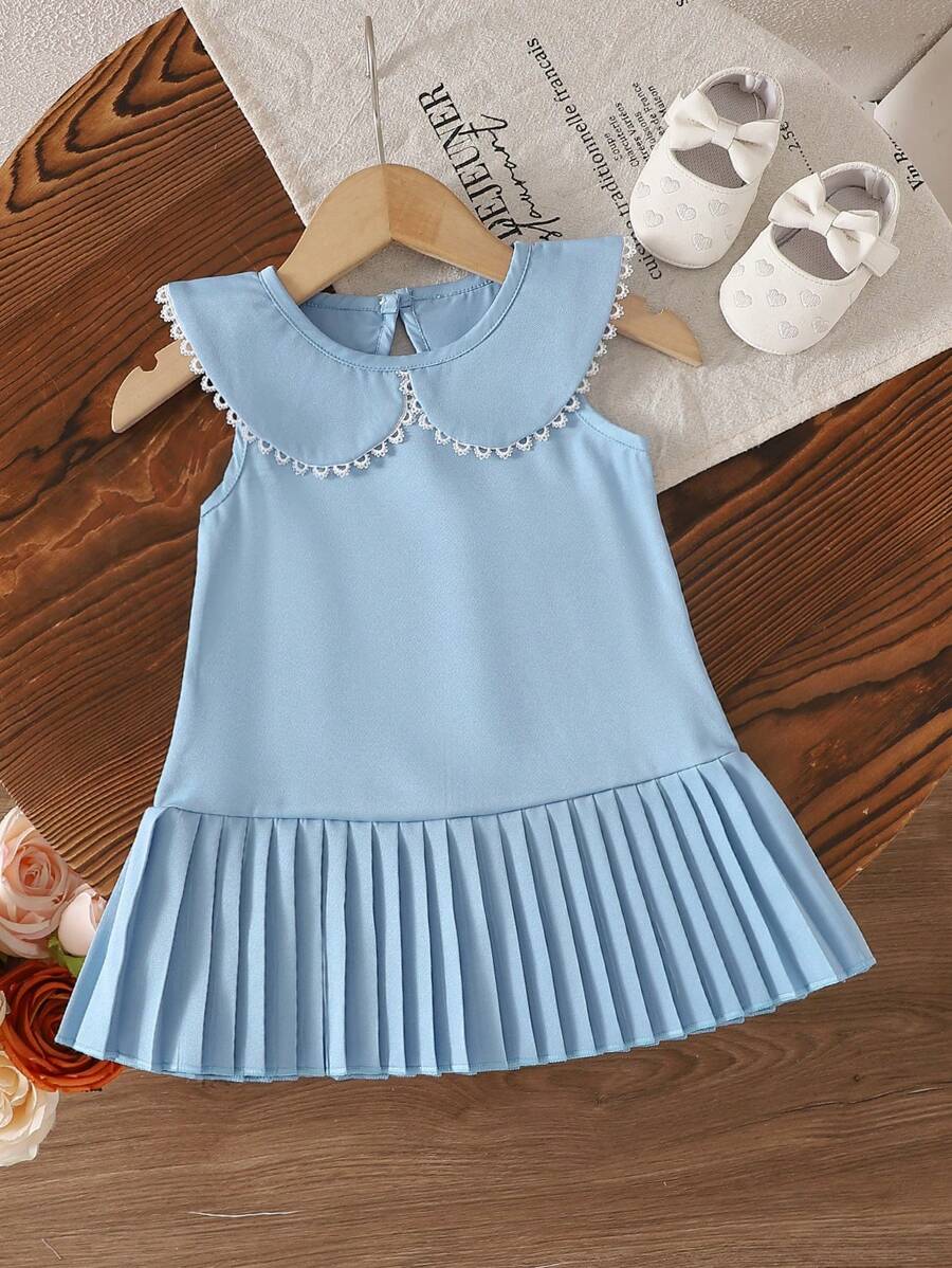 SHEIN Vintaside Kids 女婴夏装，可爱公主裙，彼得潘领，无袖 - 藍色 - 查看 1