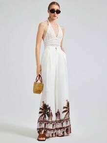 Ontre Women's 2025 Palm Tree Printed Loose Pants, Casual Vacation Wear, Island Style Floral Print, Simple And Comfortable