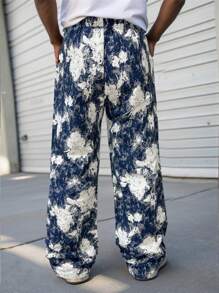 Manfinity Homme Men's Loose Casual Pants, Straight Leg, Jacquard Fabric,Perfect As Gifts For Boyfriends Or Husbands,Men's Casual Carrying Floral Fabric Waistband Elastic And Tight Straight Trunk Pants, Suitable For Daily Commuting Outdoor Wear - Multicolor - View 2