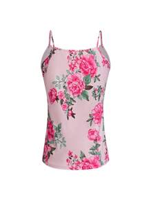 SHEIN LUNE 度假休闲花卉印花拼接蕾丝吊带背心上衣图案 T 恤女式上衣 - 紅色 - 查看 2