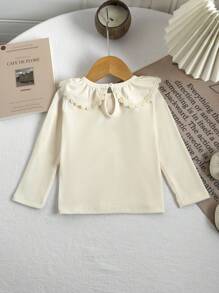 Souflis Souflis Baby Girl 0-3Y Casual Versatile Minimalist Sweet White Solid Color Elastic Ribbed Knit Long Sleeve Round Neck Ruffled Hem Tee Shirt, Can Be Worn As Inner Or Outer Layer, All Season - Apricot - View 3