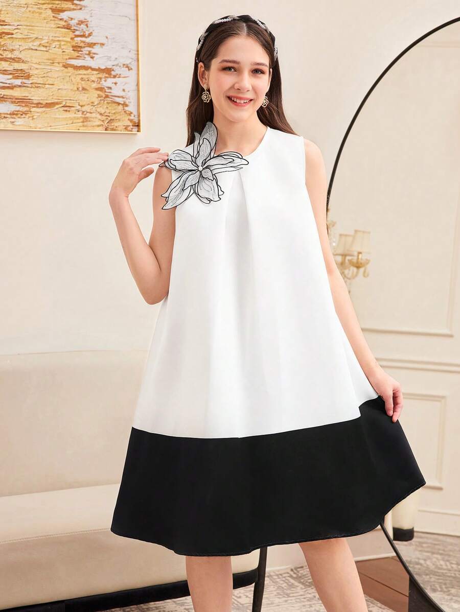SHEIN Teen Girl 3D Floral Decor Colorblock Sleeveless Round Neck A-Line Dress - Black and White - View 1