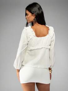 MISSGUIDED PLUS Eyelet Lace Drawstring Puff Sleeve Blouse Summer Plus Size Ruffle Trim Square Neck Boho Prairie Feminine Casual Top Spring Fashion - White - View 2