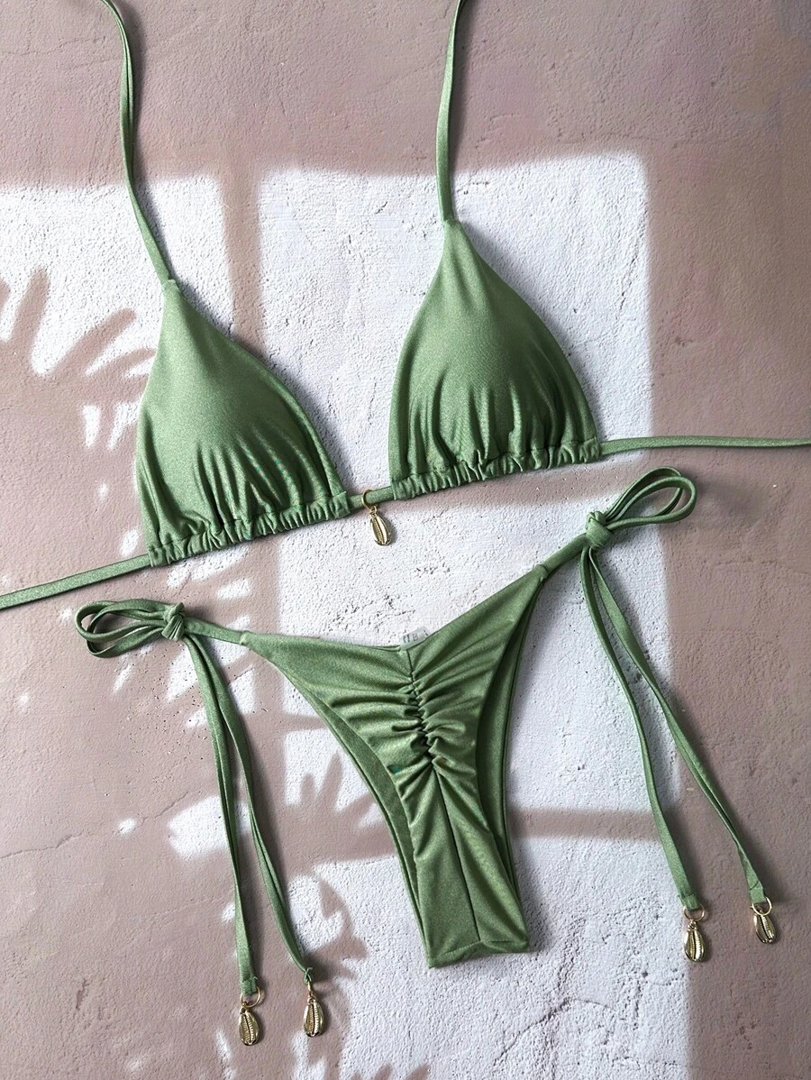 Swim Mod Women's Summer Beach Solid Color Halter Tied Sexy Bikini Two Pieces Swimwear Set - Army Green - View 1