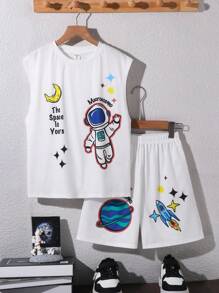 2pcs/Set Kids/Tween Boys Korean Style Casual Versatile Printed Pattern Sleeveless Crew Neck Loose Tank Top And Shorts Knit Set - White - View 5