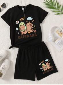 Young Girl Cartoon Print Short Sleeve Top And Shorts Set School Clothes Back To School Clothes Puppy Keep Puppy Graphic Tees - Black - View 5