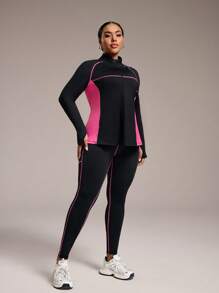 Rhythm Era Conjunto deportivo de talla grande con bloqueo de color, manga larga y pantalones para mujeres