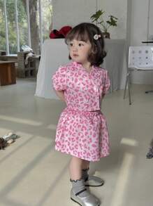 Set de 2 piezas Conjunto de chaqueta cortavientos de leopardo de doble botonadura elegante y minifalda para niña bebé, adecuado para paseos en primavera/verano - Rosa - Ver 3
