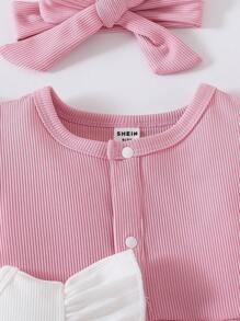 SHEIN 3 件套女婴休闲蝴蝶印花盖袖连体衣套装，带头带，可爱舒适 - 彩色 - 查看 4