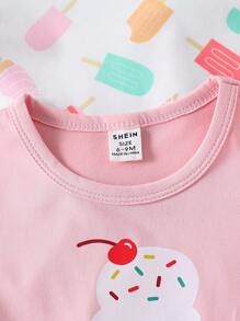 SHEIN Bộ 6 món/Bộ áo thun tay ngắn in hình kem và khẩu hiệu dễ thương & thoải mái cho bé gái, thích hợp cho các buổi đi chơi mùa xuân/hè & mặc hàng ngày - Nhiều màu - Xem 3