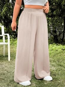 SHEIN EZwear Quần dài thường ngày màu trơn đơn giản cỡ lớn, phù hợp cho mùa hè - Màu be - Xem 3