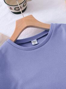 SHEIN LMoss Kids 2pcs/Set Young Girls Loose Knit Solid Crew Neck Top And Form-Fitting Knit Shorts Set