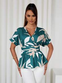 Xyvia 1pc Women's Crossover Collar Waist Ruched Fitted Shirt (Random Print) - Multicolor - View 1