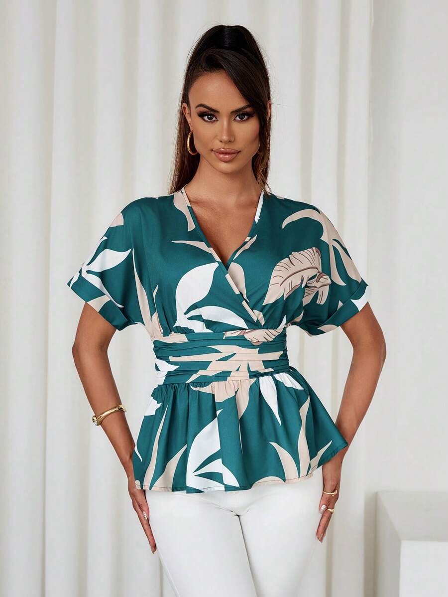 Xyvia 1pc Women's Crossover Collar Waist Ruched Fitted Shirt (Random Print) - Multicolor - View 1