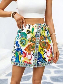 Vivid Eden Allover Print Drawstring Wrap Skirt Shorts, Casual Spring/Summer Vacation,Boho Chic,Summer Outfits For Women,Beach Outfits For Women