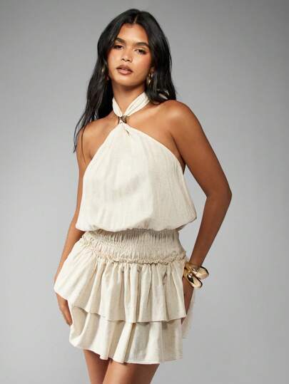 MISSGUIDED Halter Neck Mini Dress With Ruffle Tier Skirt Summer Party Evening Wedding Guest Gathered Waist Special Occasion Flowy Dress,L