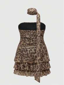 ROMWE Hippie 女式复古波西米亚豹纹荷叶边下摆迷你连衣裙 - 棕色 - 查看 2