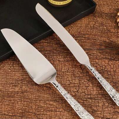 SHEIN 2 件套新款迷你玫瑰蛋糕刀和抹刀套装，奶油涂抹家居和餐厅使用，创意蛋糕和甜点装饰工具，生日派对套装