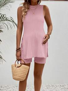 SHEIN Conjunto de 2 piezas de vestido de embarazo informal de unicolor con abertura lateral y shorts
