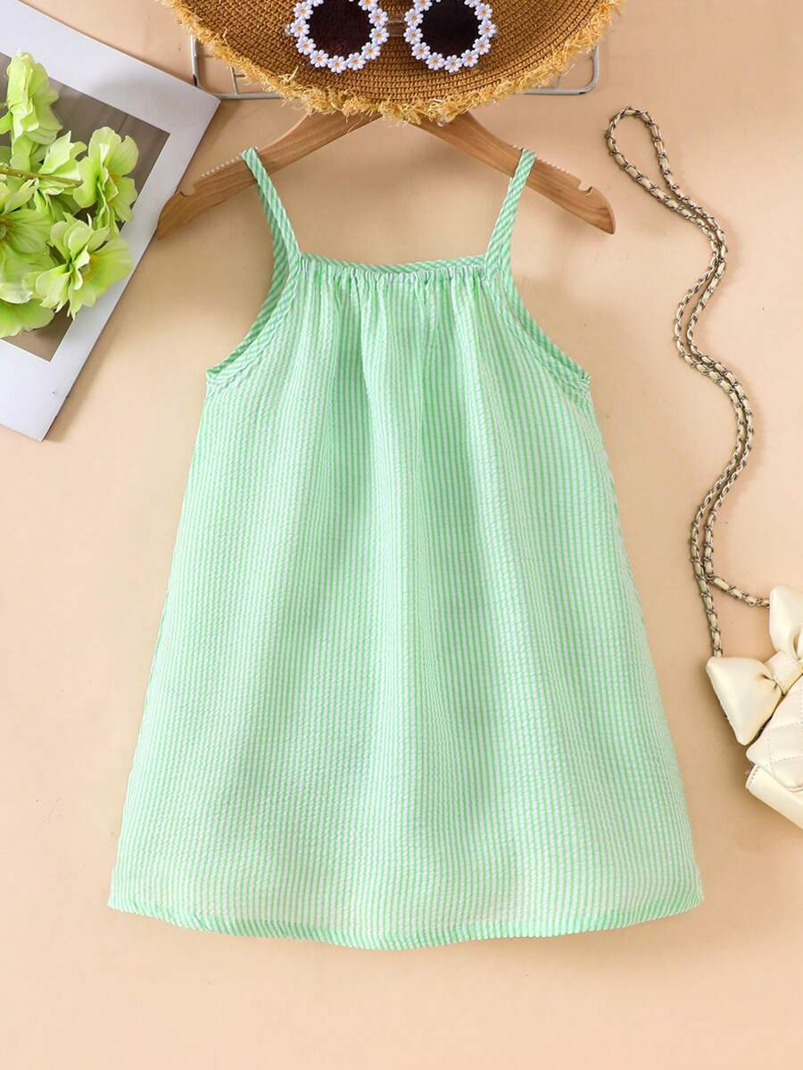 SHEIN Young Girl Striped Casual Loose Strap Dress - Green - View 1
