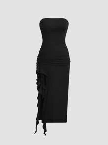 Sweetra Petite Spring/Summer Women's Fashion Knit Body-Con Sexy Party Mini Dress For Petite - Black - View 1