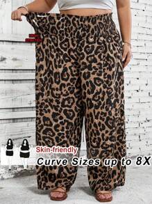 SHEIN CURVE+ 大码花卉豹纹高腰阔腿裤，适合夏季、海滩、音乐节 - 彩色 - 查看 1