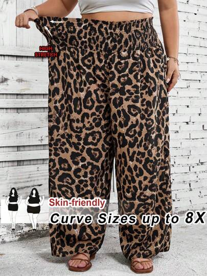 SHEIN CURVE+ Plus Size Floral Leopard Print High Waist Palazzo Pants, Suitable For Summer, Beach, Music Festival