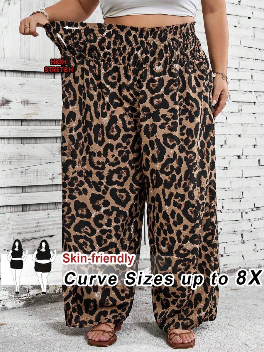 SHEIN CURVE+ 大码花卉豹纹高腰阔腿裤，适合夏季、海滩、音乐节 - 彩色 - 查看 1