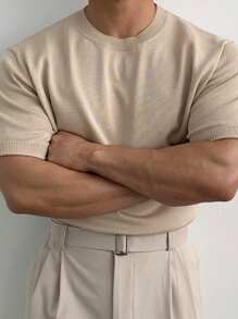 DAZY Men's Summer Casual Solid Color Short Sleeve Knit Top - Khaki - View 2