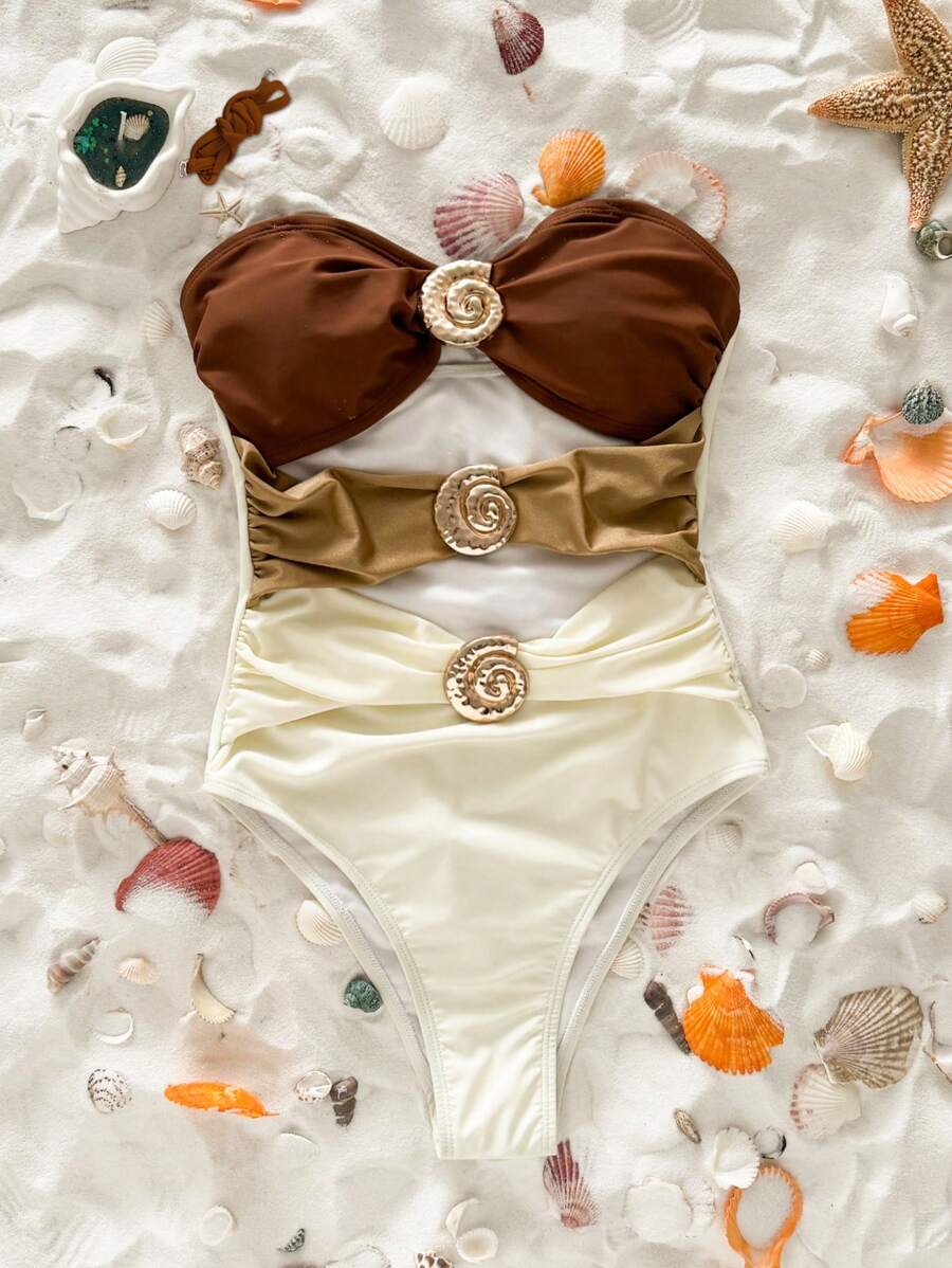 Swim Chiccia Women's Beach Casual Contrast Color Spaghetti Strap Hollow Out One-Piece Bikini Swimwear - Brown - View 1