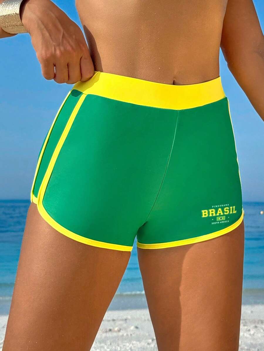 SHEIN Women's Beach Summer Brazil Color Block Letter Print Design Fitted Boardshorts - Green - View 1