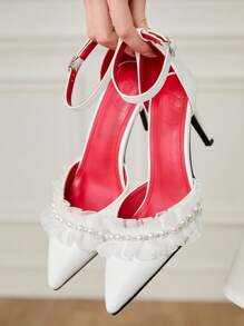 CUCCOO HITCHD Giày cao gót mũi nhọn đính đá pha lê trắng cho nữ, Giày cao gót màu trắng cho cô dâu, ngọt ngào và lãng mạn, giày cao gót khoét lỗ kiểu công chúa cho đám cưới, tiệc tùng, phong cách cổ điển - trắng - Xem 6