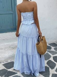 SHEIN SunnyBelle Fashionable Striped Tie Front Set - Sexy Bandeau Crop Top + Patchwork Ruffled Skirt - Blue and White - View 2