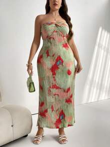 大码女式优雅度假海滩休闲/浪漫抹胸扭纹连衣裙，宽松版型，褶皱渐变色随机花卉印花，春夏 - 薄荷綠 - 查看 1