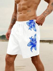 Manfinity VDAYZ Shorts de playa de cintura con cordón con estampado floral para hombres, estilo casual de vacaciones, hawaiano - Azul y blanco - Ver 6