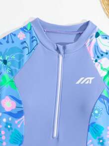 SHEIN Tween 女童热带植物印花连体长袖泳衣，休闲度假装 - 淺藍色 - 查看 4