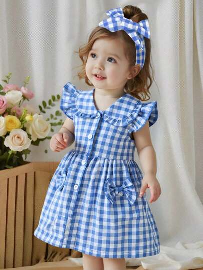 SHEIN Vintaside Kids 女婴休闲日常格纹盖袖连衣裙，适合户外玩耍或舒适休闲