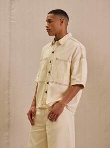 Musero Contrast Stitch Oversized Pocket Detail Button Up Denim Shirt - Apricot - View 2