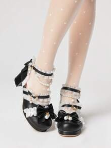 ROMWE Kawaii 女士黑色露趾玛丽珍鞋，带蕾丝边，洛丽塔风格 JK 蕾丝带皮革高跟鞋 - 黑色 - 查看 1