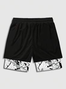ROMWE MEN Winx Club X ROMWE Pantalones cortos de cintura con cordón para hombres, diseño gráfico de letras y figuras 2 en 1 - Negro - Ver 2