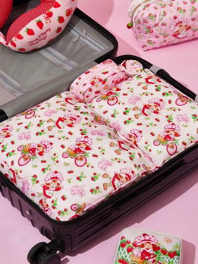 Strawberry Shortcake X SHEIN 3 Pcs Cute & Sweet Strawberry Cartoon Polyester Travel Storage Bag, Mesh Surface, Organizing, Fits Multiple Bag Sizes,Gift Ideas,Summer / Spring , Vacation