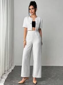 Firerie Elegant Women 2pcs Solid Color Textured Cropped Jacket & Pants Suit Sets/Suitable For Dates/Work/Vacation/ Holiday/Casual Wear/Summer Bohemian Style/Holiday/Festival/Music Festival/Derby Dress/Rodeo Outfit - White - View 5