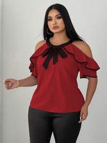 Elenzga Blusa elegante de manga corta con detalles de encaje y bloques de color para mujer