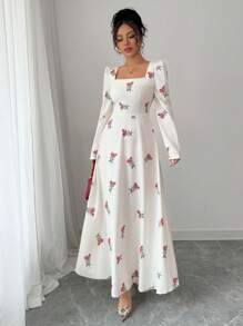 Modelyn Woman's Printed Long Fitted Dress With Contrast Fabric Panel Fall Cloth For Women - Apricot - View 8