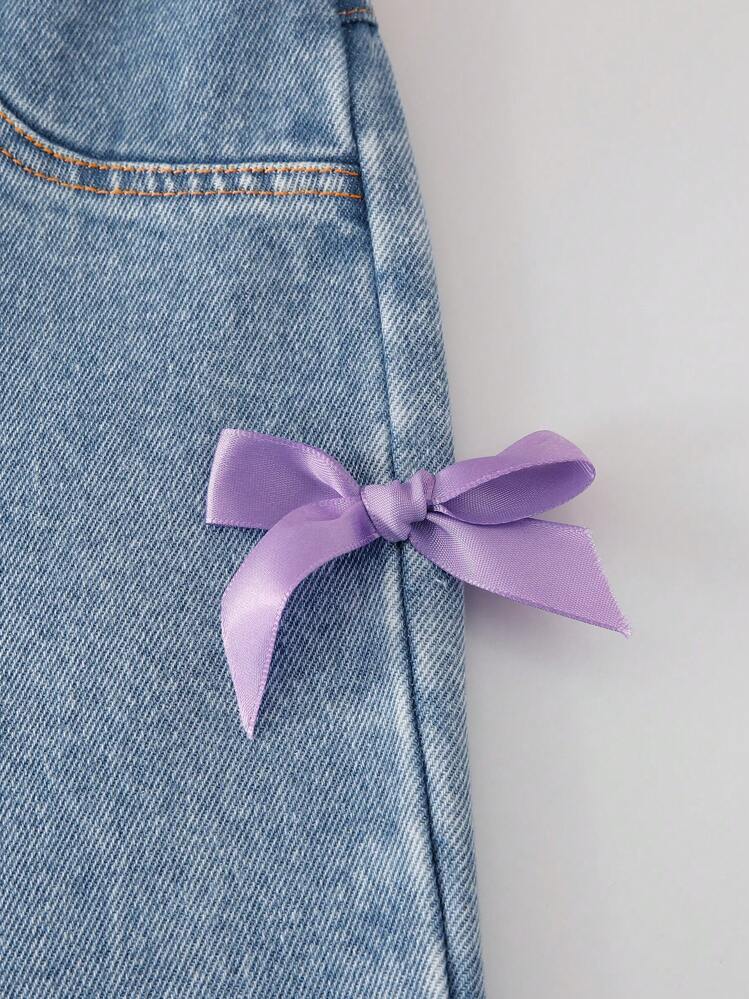 SHEIN Sparklyn Tween Girls Casual Bow T-Shirt And Denim Jeans 2pcs Set, Daily And Commuting Wear - Purple - View 5