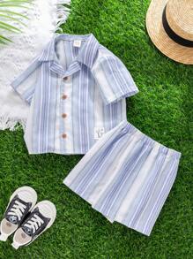 Cozy Pixies Bộ 2 áo sơ mi tay ngắn ve áo trang trí sọc nhiều màu cho bé trai và quần short cạp chun - Nhiều màu - Xem 6