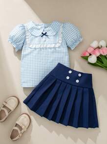 SHEIN Young Girl Cute Summer Set, Plaid Ruffle Collar Puff Sleeve Top & Pleated Skirt, Sweet And Fashionable School Style - Blue - View 4
