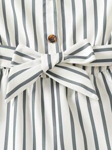 Elladie kids Tween 女童黑白竖条纹无袖衬衫领纽扣口袋连体衣，休闲舒适，适合春夏季 - 杏色 - 查看 5