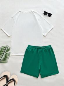 Manfinity VCAY 2pcs Unisex Casual Coconut Tree Island Graphic Loose Short Sleeve T-Shirt & Drawstring Waist Straight Shorts Set, Suitable For Daily Wear, Vacation Clothes